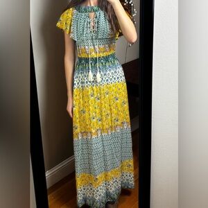 Darah Dahl Floral Yellow and Green Maxi Dress flutter sleeve off shoulder rayon